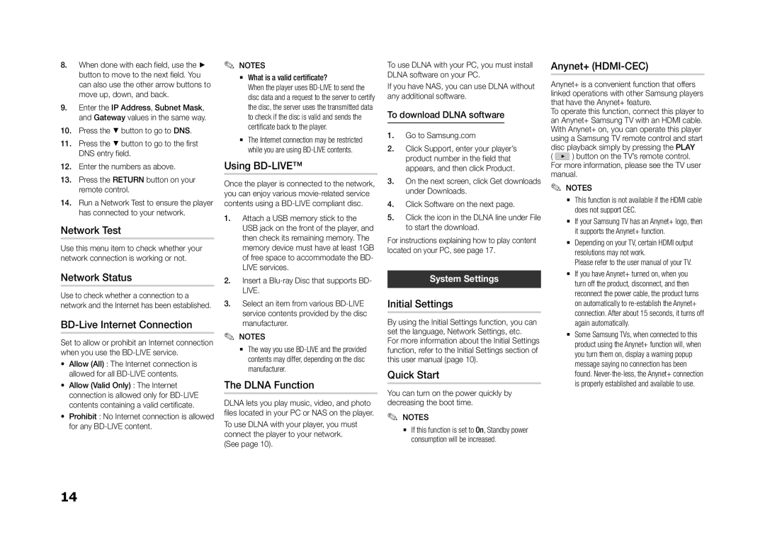 Samsung BD-F5500E/XE manual Network Test, Using BD-LIVE, Anynet+ HDMI-CEC, Network Status, BD-Live Internet Connection 