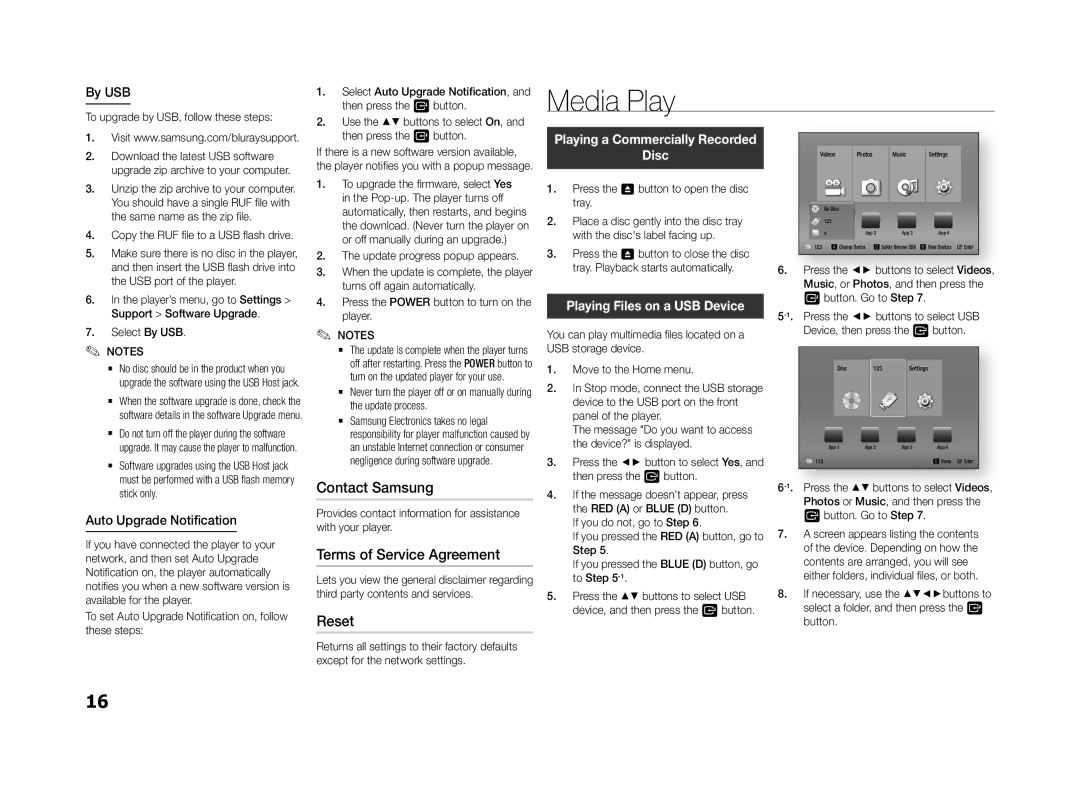 Samsung BD-F5500E/EN manual Media Play, Contact Samsung, Terms of Service Agreement, Reset, Playing Files on a USB Device 