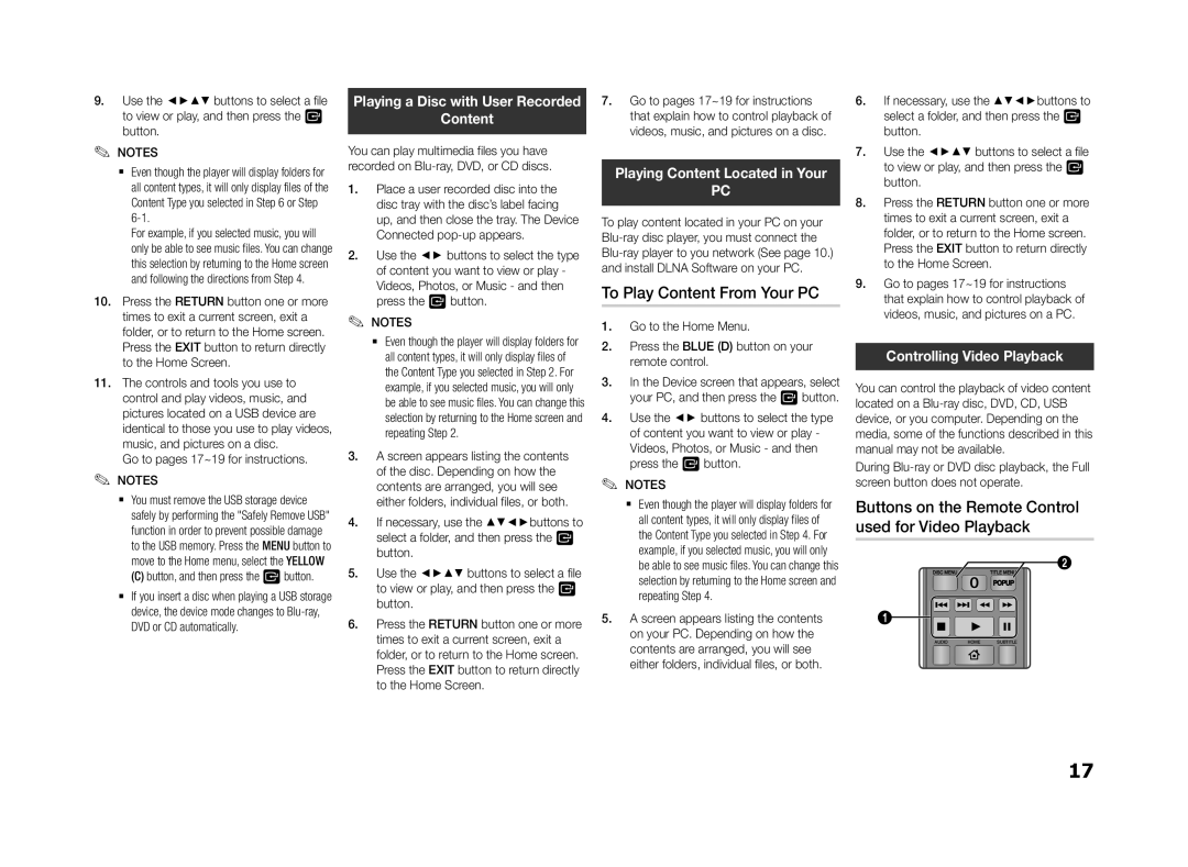 Samsung BD-F5500/TK, BD-F5500E/EN To Play Content From Your PC, Buttons on the Remote Control, Used for Video Playback 