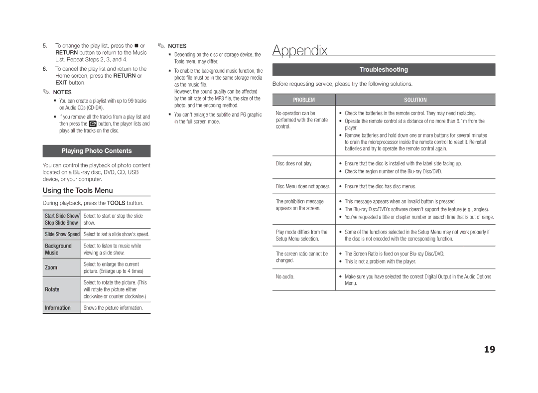 Samsung BD-F5500/XN, BD-F5500E/EN, BD-F5500/TK manual Appendix, Using the Tools Menu, Playing Photo Contents, Troubleshooting 