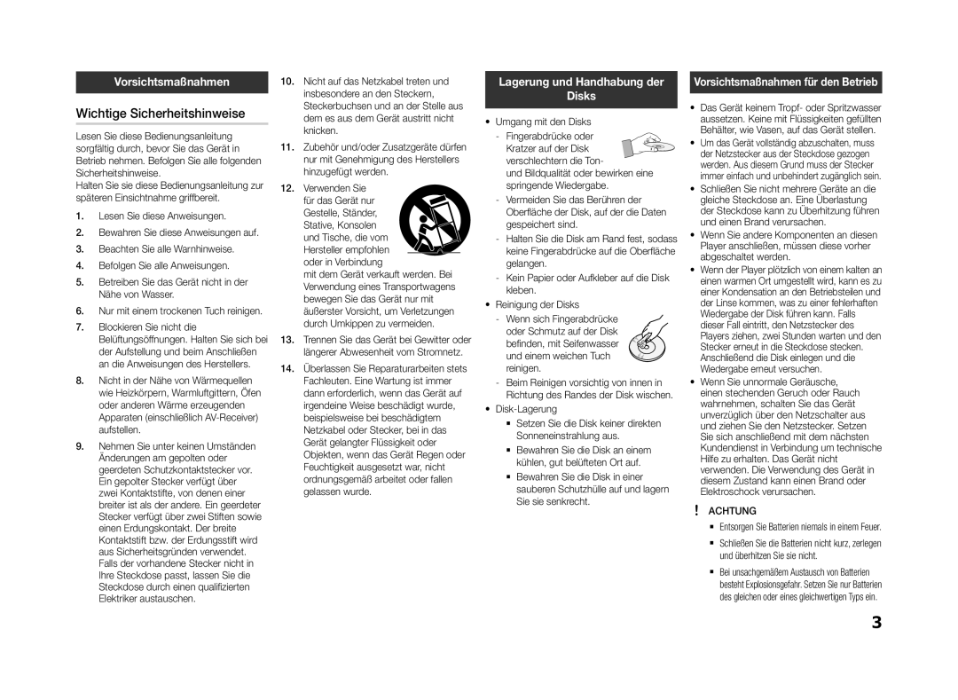 Samsung BD-F5500/XN, BD-F5500E/EN manual Wichtige Sicherheitshinweise, Vorsichtsmaßnahmen, Lagerung und Handhabung der Disks 