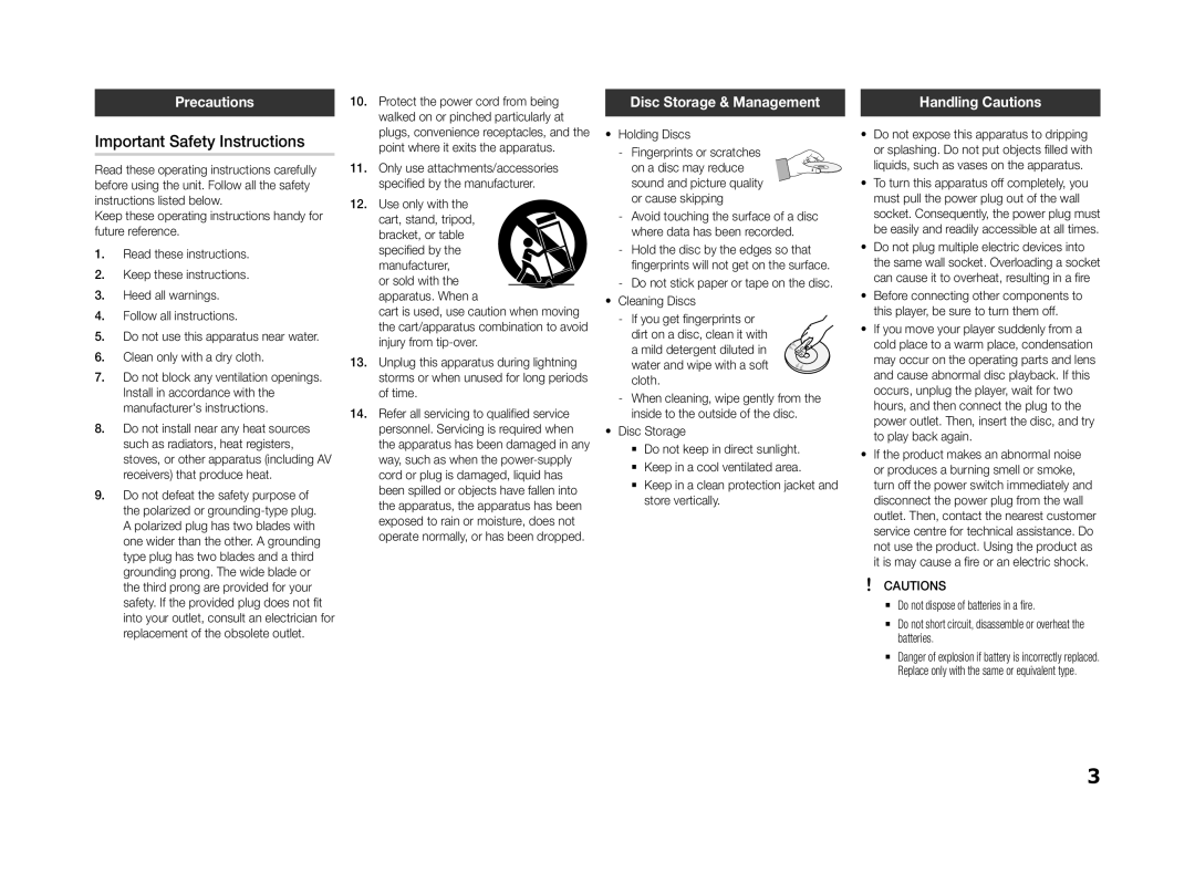Samsung BD-F5500/XN, BD-F5500E/EN Important Safety Instructions, Precautions, Disc Storage & Management, Handling Cautions 