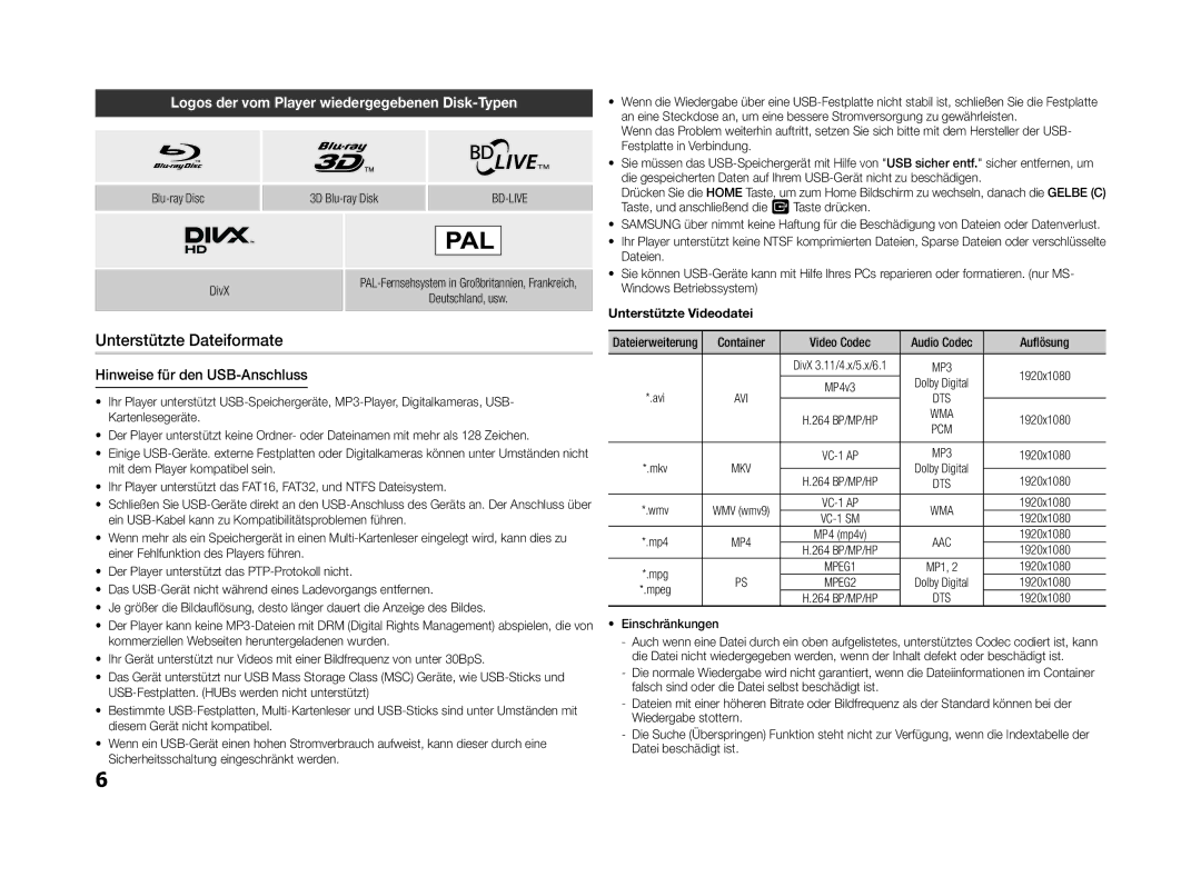 Samsung BD-F5500E/XE Unterstützte Dateiformate, Logos der vom Player wiedergegebenen Disk-Typen, Unterstützte Videodatei 