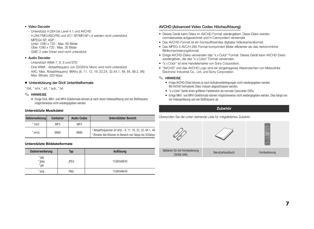 Samsung BD-F5500/XE, BD-F5500E/EN, BD-F5500/TK Avchd Advanced Video Codec Höchauflösung, Zubehör, Unterstützte Musikdatei 