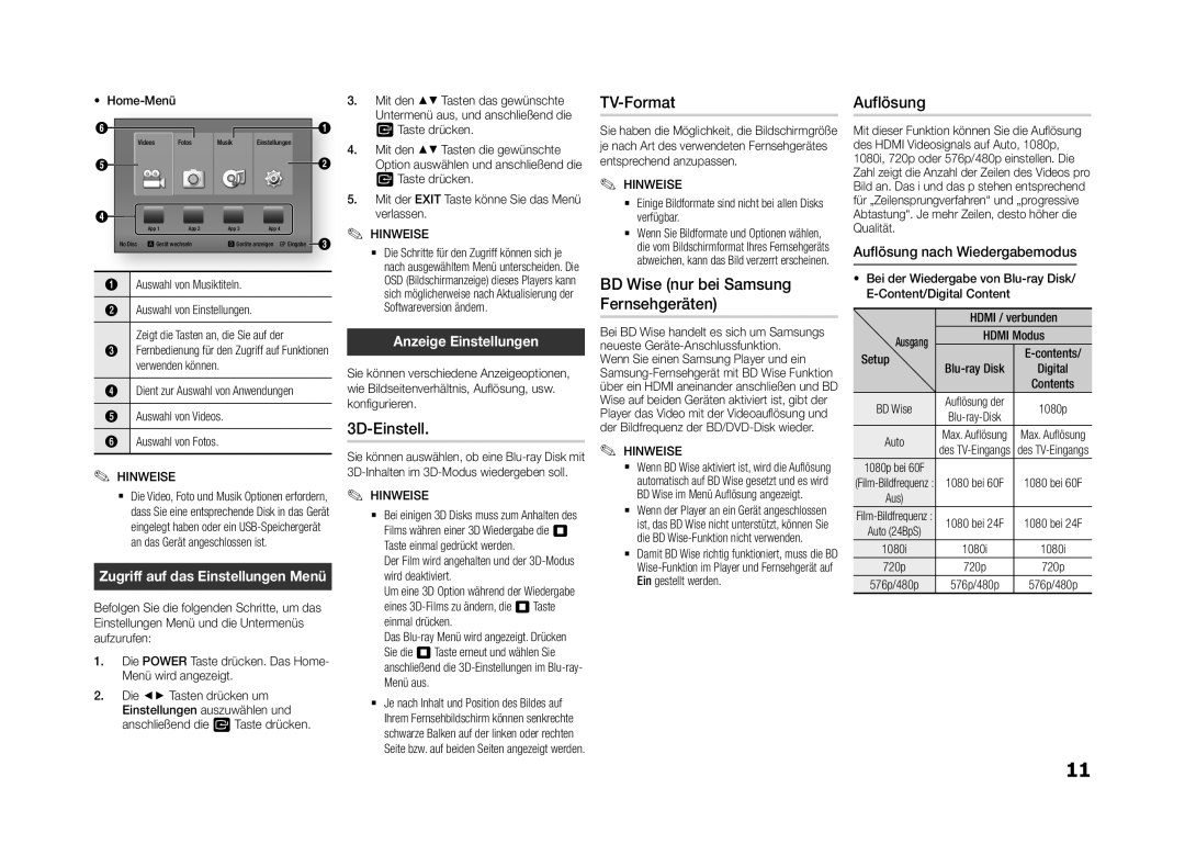 Samsung BD-F5500/XN, BD-F5500E/EN, BD-F5500/TK, BD-F5500/EN manual 3D-Einstell, TV-Format, Auflösung, Anzeige Einstellungen 