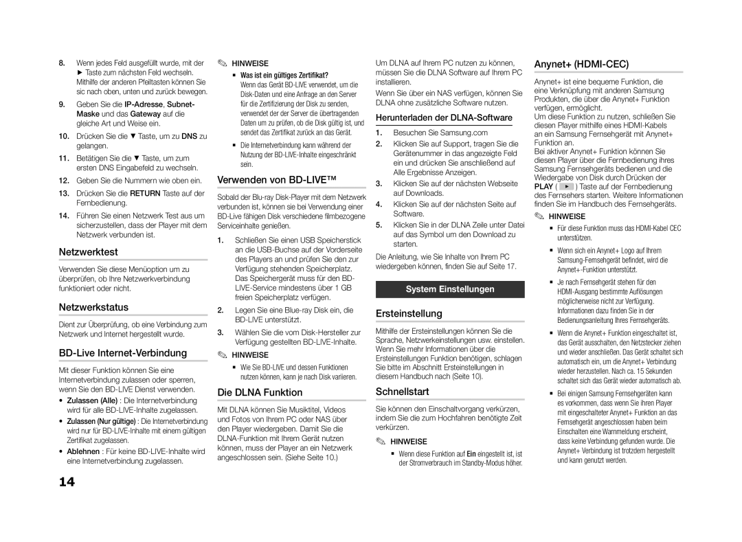 Samsung BD-F5500E/XE Netzwerktest, Netzwerkstatus, BD-Live Internet-Verbindung, Verwenden von BD-LIVE, Die Dlna Funktion 