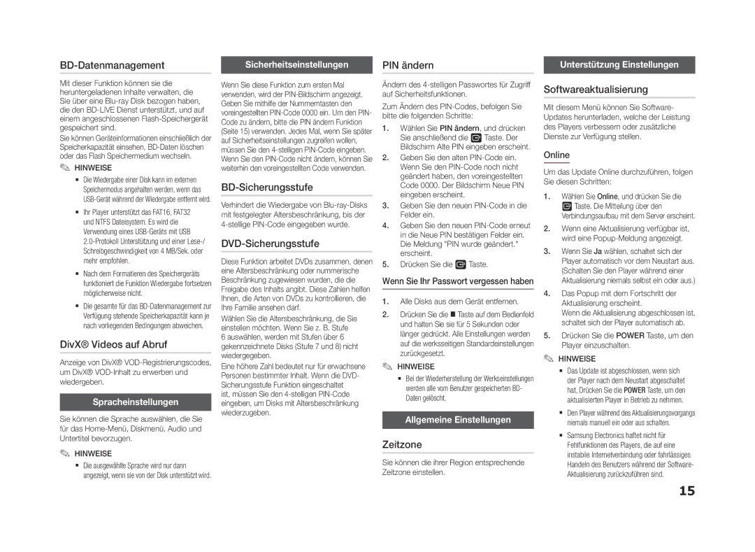 Samsung BD-F5500/XE manual BD-Datenmanagement PIN ändern, BD-Sicherungsstufe, DVD-Sicherungsstufe, DivX Videos auf Abruf 