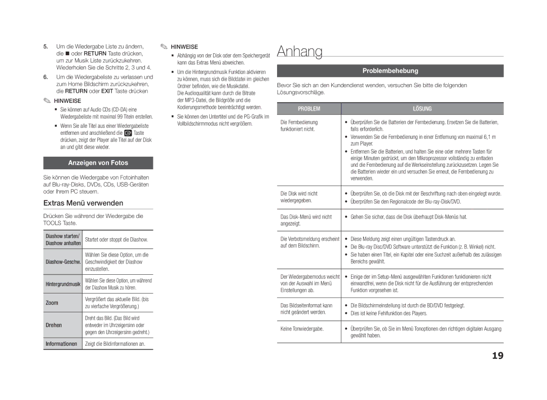 Samsung BD-F5500/XN, BD-F5500E/EN, BD-F5500/TK manual Anhang, Extras Menü verwenden, Anzeigen von Fotos, Problembehebung 