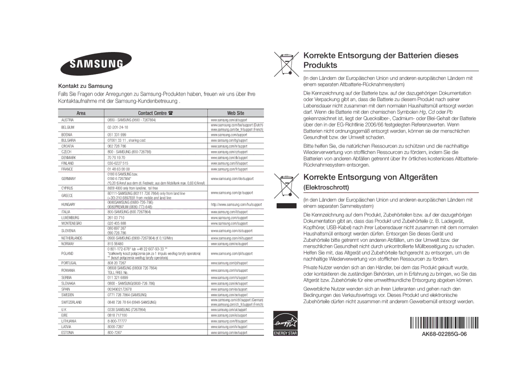 Samsung BD-F5500/XN, BD-F5500E/EN, BD-F5500/TK, BD-F5500/EN, BD-F5500E/ZF Korrekte Entsorgung der Batterien dieses Produkts 