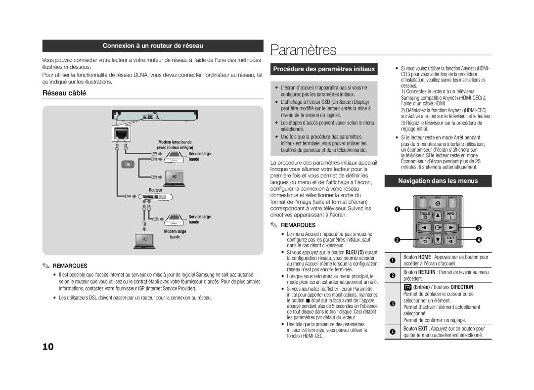 Samsung BD-F5500E/ZF, BD-F5500/EN Paramètres, Réseau câblé, Connexion à un routeur de réseau, Navigation dans les menus 