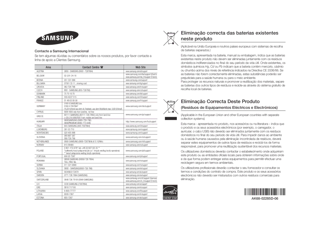 Samsung BD-F5500E/ZF, BD-F5500/EN, BD-F5500/ZF manual Eliminação correcta das baterias existentes neste produto 