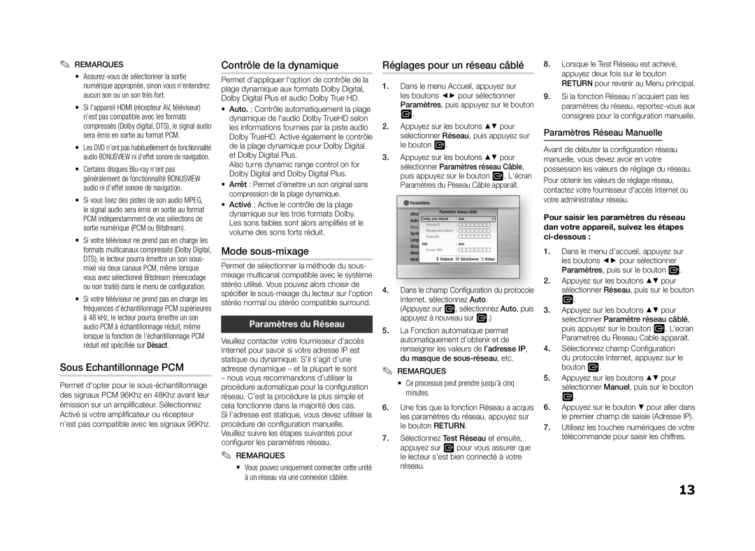 Samsung BD-F5500E/ZF Sous Echantillonnage PCM, Contrôle de la dynamique, Mode sous-mixage, Réglages pour un réseau câblé 