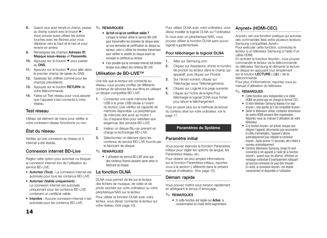 Samsung BD-F5500/ZF Test réseau, État du réseau, Connexion internet BD-Live, Anynet+ HDMI-CEC, Utilisation de BD-LIVE 