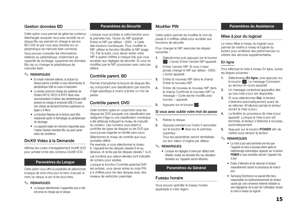 Samsung BD-F5500/EN Gestion données BD, DivX Video à la Demande, Contrôle parent. BD, Contrôle parent. DVD, Modifier PIN 