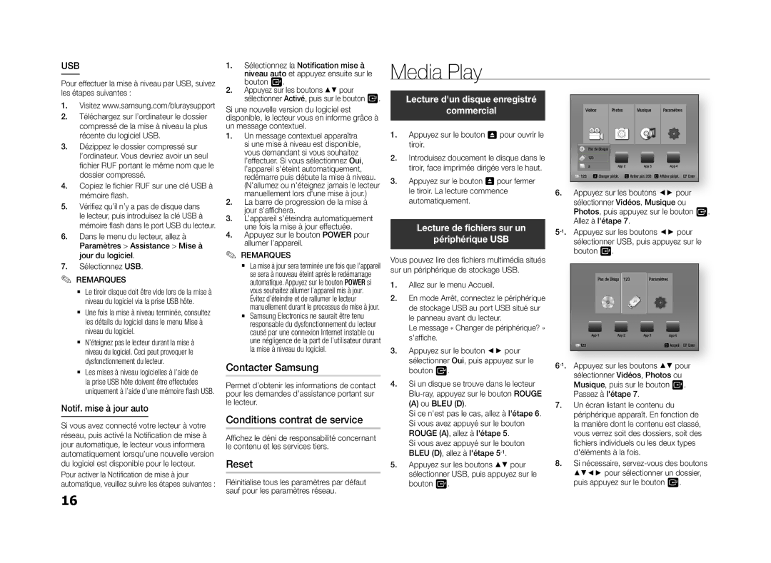 Samsung BD-F5500E/ZF manual Media Play, Contacter Samsung, Conditions contrat de service, Reset, Lecture de fichiers sur un 