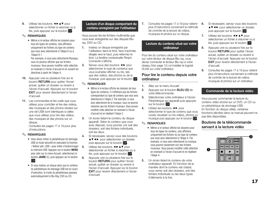 Samsung BD-F5500/ZF, BD-F5500/EN, BD-F5500E/ZF Ordinateur, Pour lire le contenu depuis votre, Commande de la lecture vidéo 