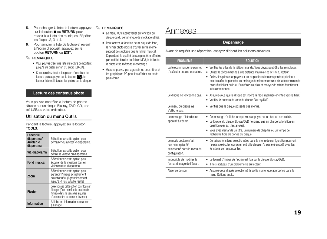 Samsung BD-F5500E/ZF, BD-F5500/EN manual Annexes, Utilisation du menu Outils, Lecture des contenus photo, Dépannage, Tools 