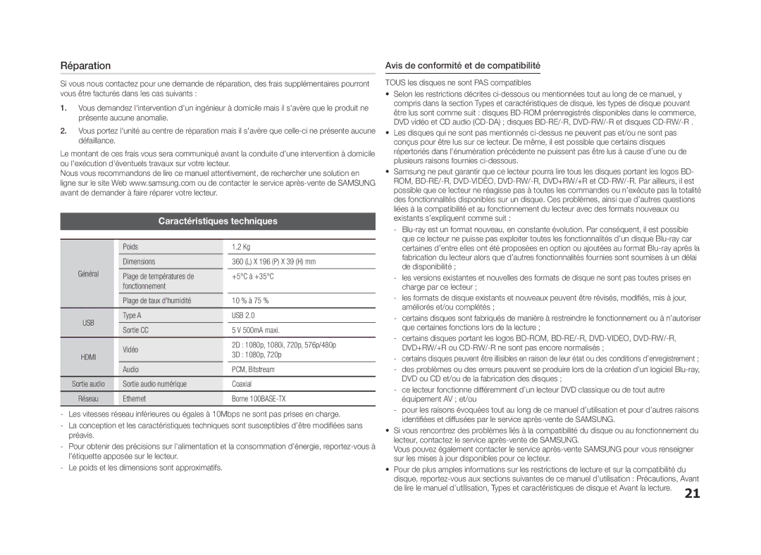 Samsung BD-F5500/EN, BD-F5500E/ZF manual Réparation, Caractéristiques techniques, Avis de conformité et de compatibilité 