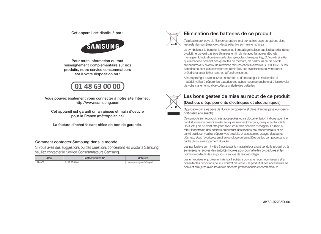 Samsung BD-F5500E/ZF, BD-F5500/EN Comment contacter Samsung dans le monde, Area Contact Centre  Web Site, AK68-02285D-06 