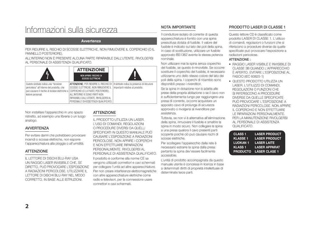 Samsung BD-F5500/EN, BD-F5500E/ZF, BD-F5500/ZF manual Informazioni sulla sicurezza, Avvertenza 