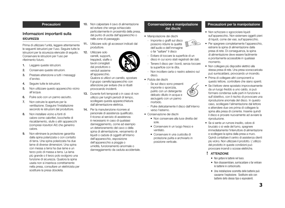 Samsung BD-F5500E/ZF manual Informazioni importanti sulla sicurezza, Precauzioni, Conservazione e manipolazione Dei dischi 