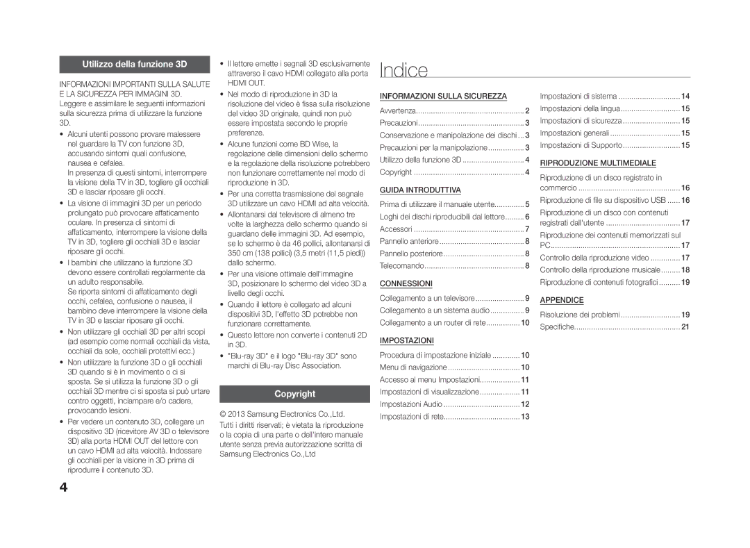 Samsung BD-F5500/ZF, BD-F5500/EN, BD-F5500E/ZF manual Indice, Utilizzo della funzione 3D, Hdmi OUT 