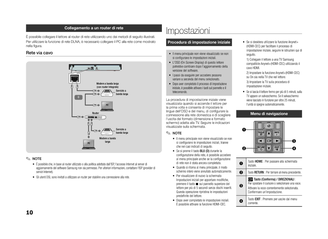 Samsung BD-F5500/ZF, BD-F5500/EN manual Impostazioni, Rete via cavo, Collegamento a un router di rete, Menu di navigazione 