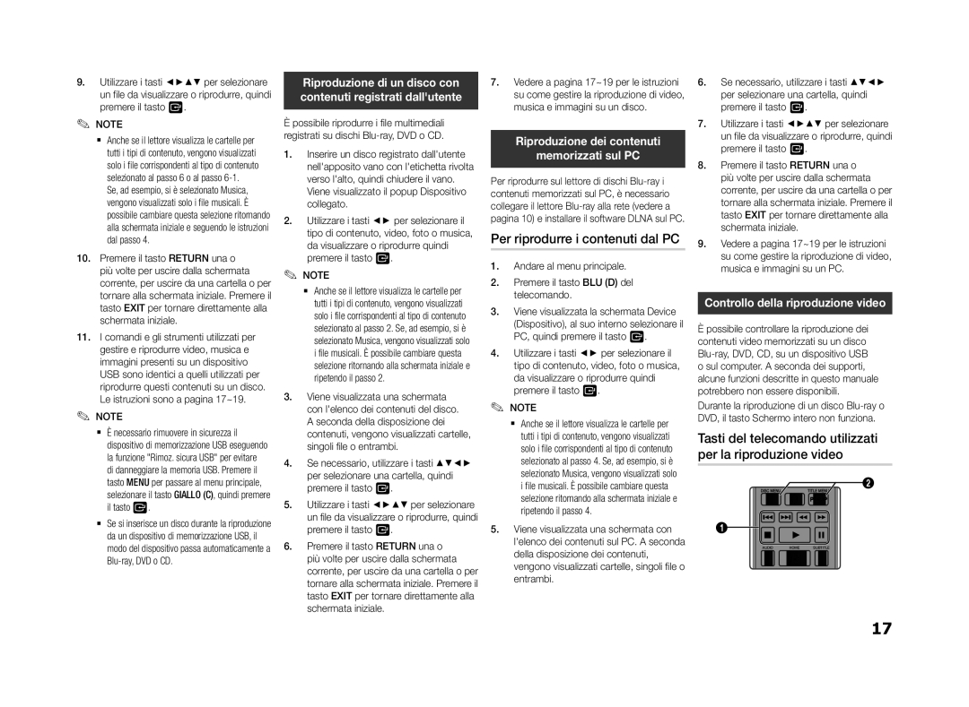 Samsung BD-F5500/EN, BD-F5500E/ZF manual Per riprodurre i contenuti dal PC, Riproduzione dei contenuti Memorizzati sul PC 