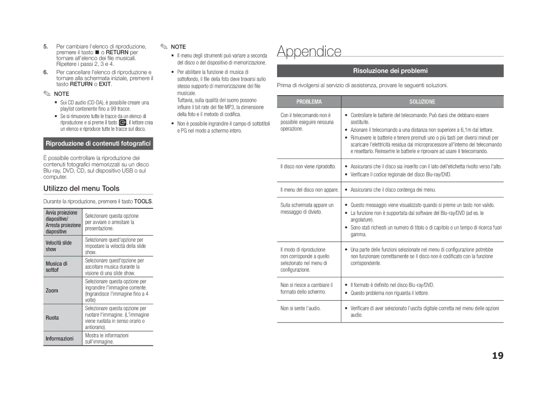 Samsung BD-F5500/ZF Appendice, Utilizzo del menu Tools, Risoluzione dei problemi, Riproduzione di contenuti fotografici 