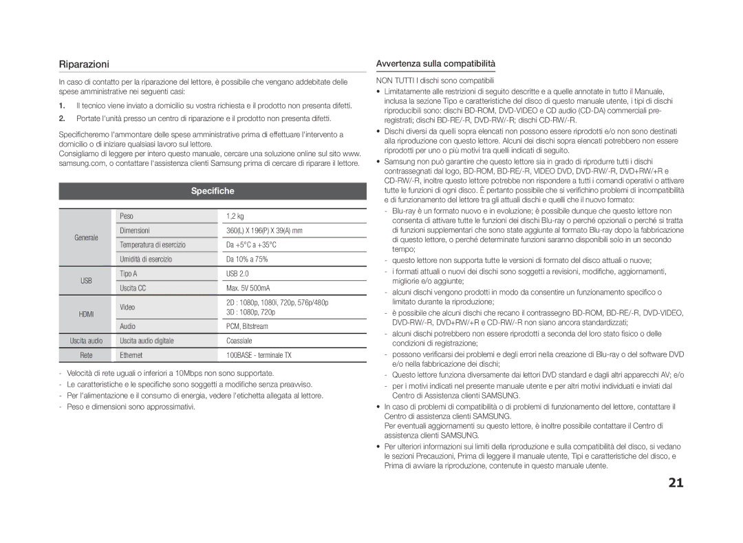 Samsung BD-F5500E/ZF, BD-F5500/EN, BD-F5500/ZF manual Riparazioni, Specifiche, Avvertenza sulla compatibilità 