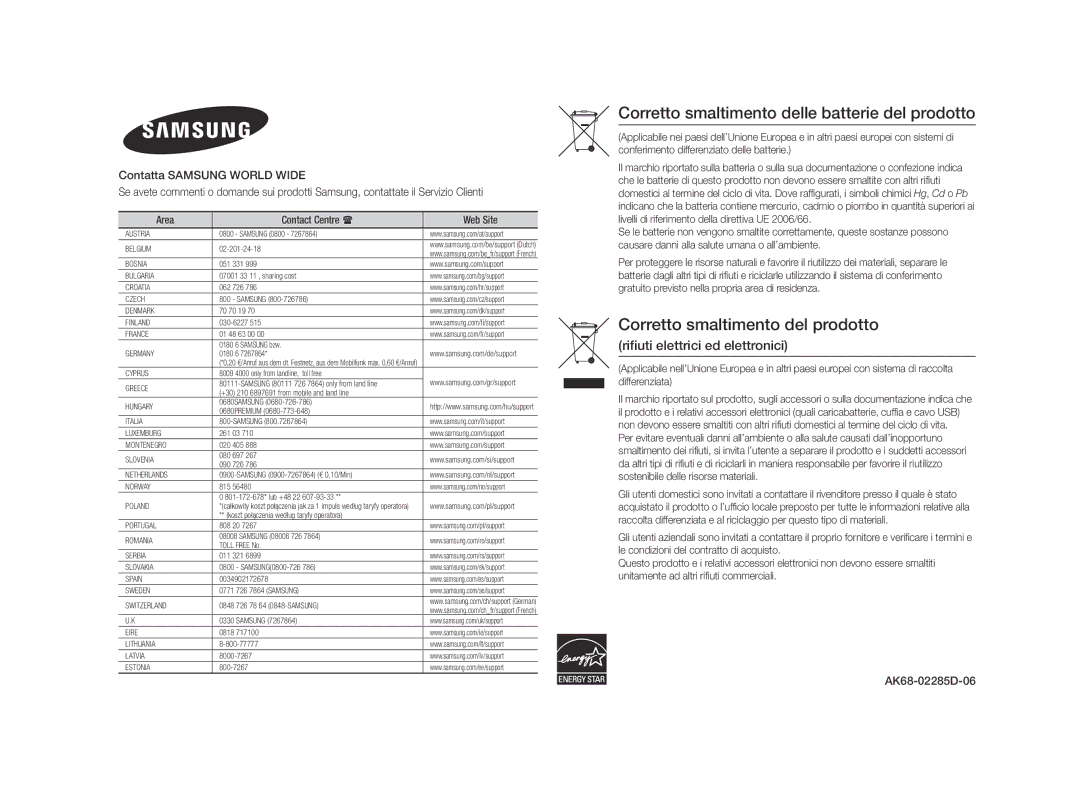 Samsung BD-F5500/ZF, BD-F5500/EN, BD-F5500E/ZF manual Corretto smaltimento delle batterie del prodotto 