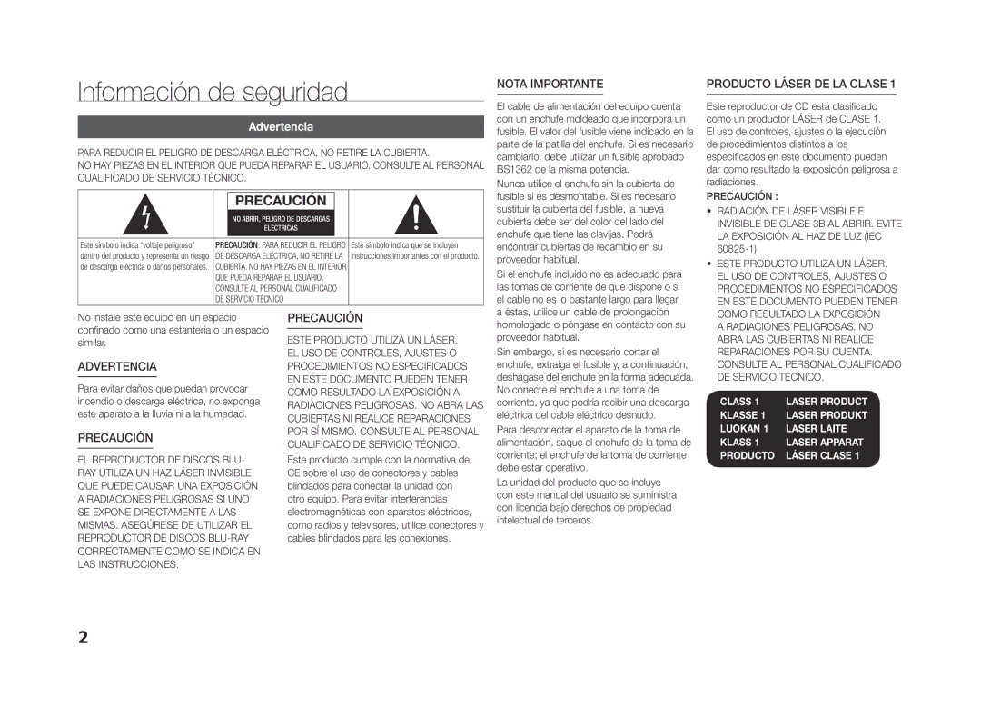 Samsung BD-F5500E/ZF, BD-F5500/EN, BD-F5500/ZF manual Información de seguridad, Advertencia 