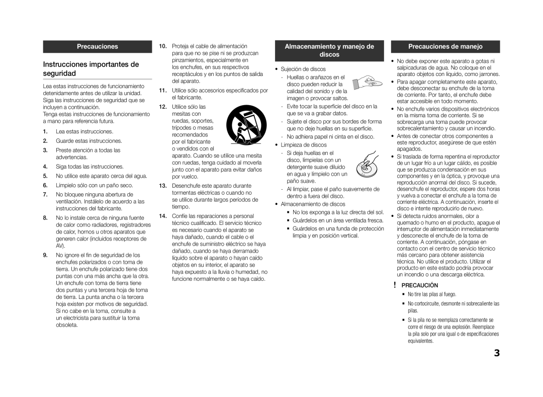 Samsung BD-F5500/ZF Instrucciones importantes de seguridad, Precauciones, Almacenamiento y manejo de Discos, Precaución 