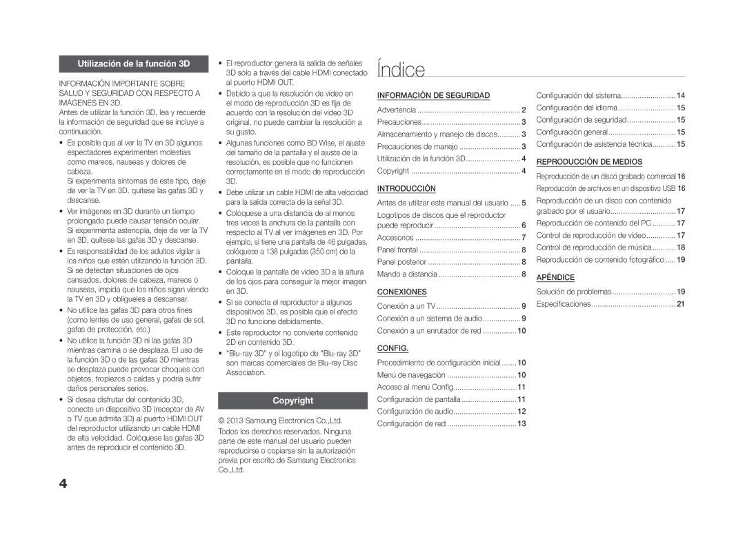 Samsung BD-F5500/EN, BD-F5500E/ZF, BD-F5500/ZF manual Índice, Utilización de la función 3D, Información Importante Sobre 