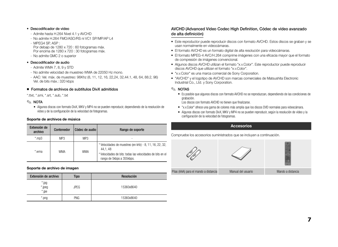 Samsung BD-F5500/EN manual Accesorios, „„ Formatos de archivos de subtítulos DivX admitidos, Soporte de archivos de música 