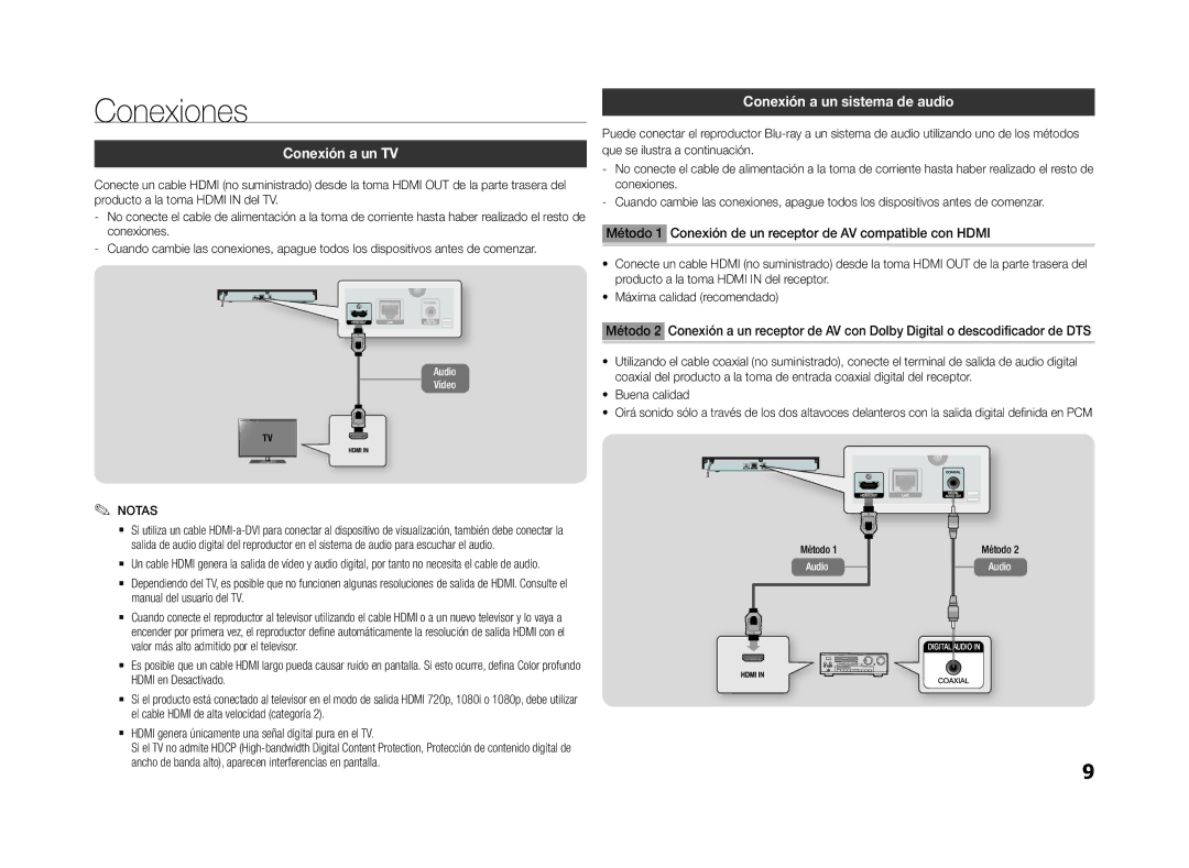 Samsung BD-F5500/ZF, BD-F5500/EN, BD-F5500E/ZF manual Conexiones, Conexión a un TV, Conexión a un sistema de audio 