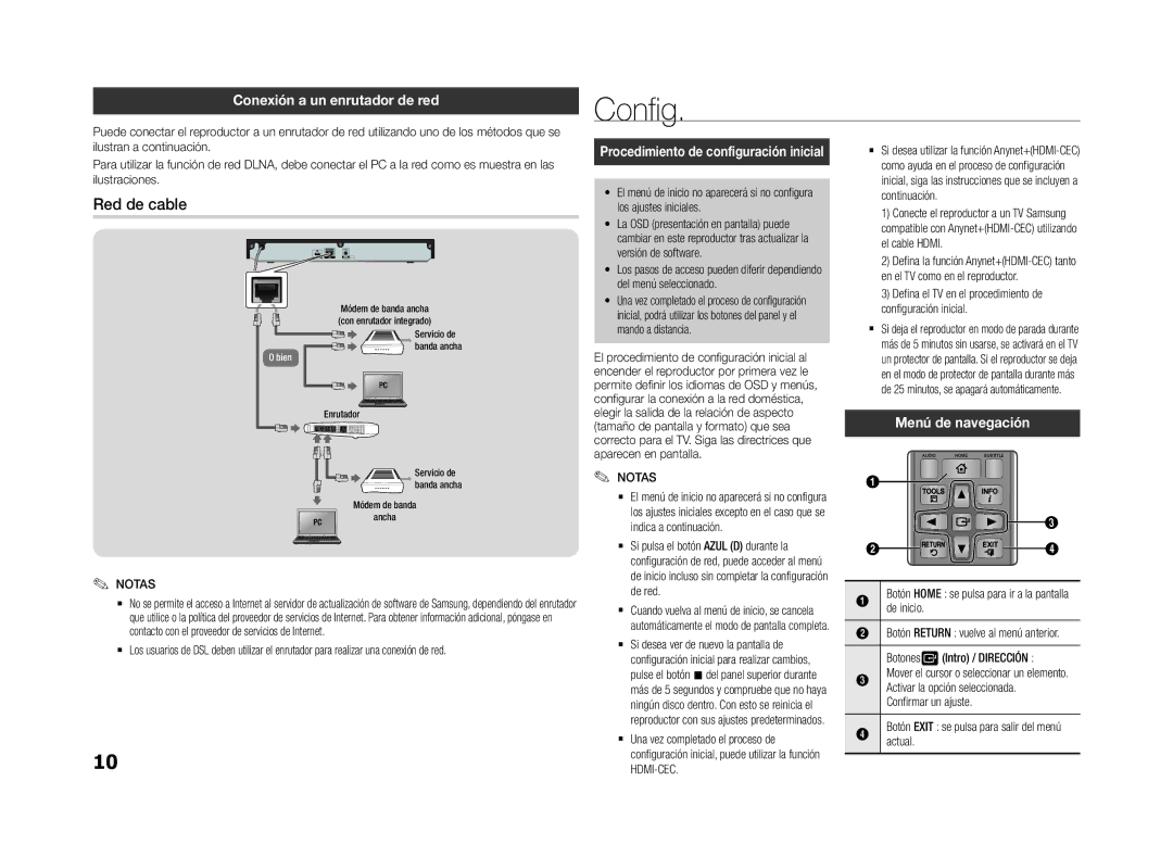 Samsung BD-F5500/EN, BD-F5500E/ZF, BD-F5500/ZF Config, Red de cable, Conexión a un enrutador de red, Menú de navegación 