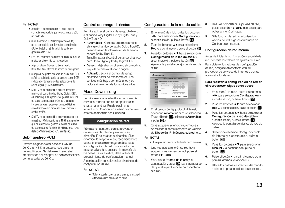 Samsung BD-F5500/EN, BD-F5500E/ZF manual Control del rango dinámico, Submuestreo PCM, Modo Downmixing, Configuración de red 