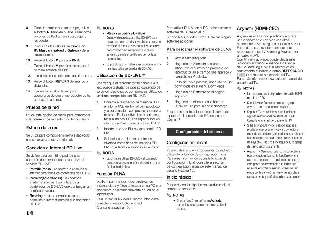 Samsung BD-F5500E/ZF manual Utilización de BD-LIVE, Prueba de la red, Estado de la red, Configuración inicial, Función Dlna 