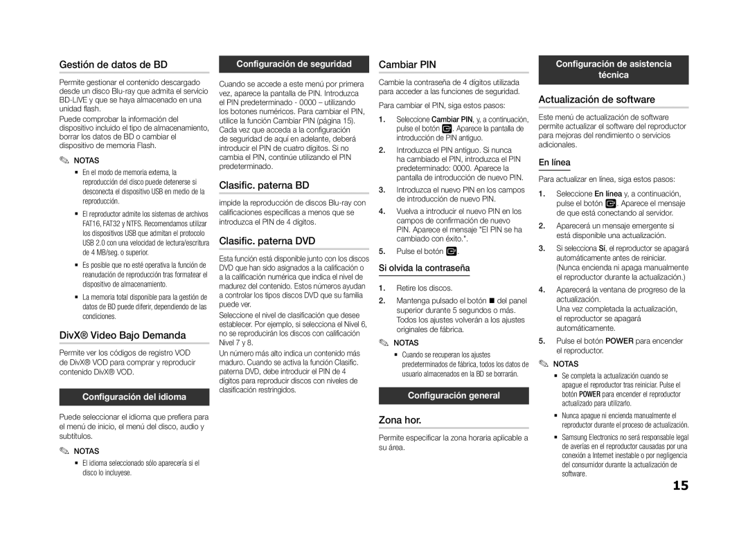 Samsung BD-F5500/ZF Gestión de datos de BD, DivX Video Bajo Demanda, Clasific. paterna BD, Clasific. paterna DVD, Zona hor 