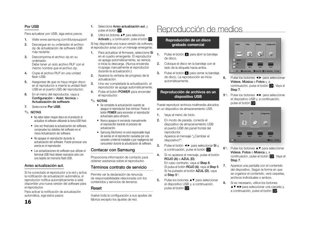 Samsung BD-F5500/EN, BD-F5500E/ZF Contacar con Samsung, Términos contrato de servicio, Por USB, Aviso actualización aut 