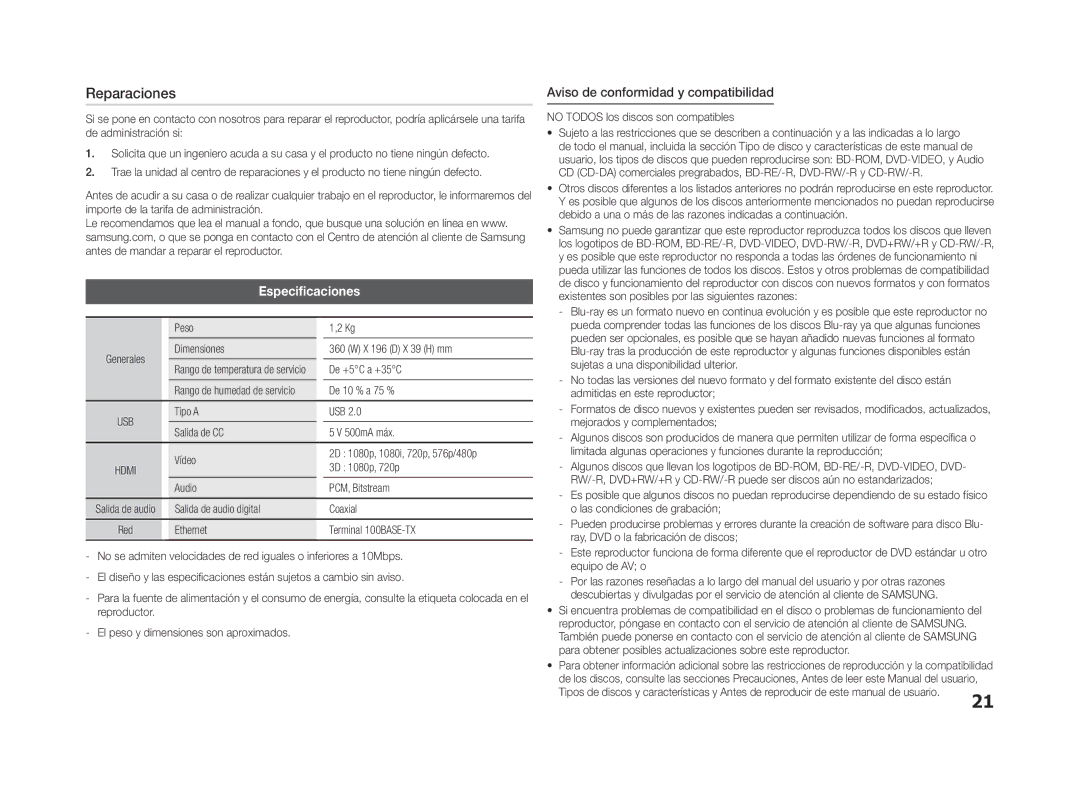 Samsung BD-F5500/ZF, BD-F5500/EN, BD-F5500E/ZF manual Reparaciones, Especificaciones, Aviso de conformidad y compatibilidad 