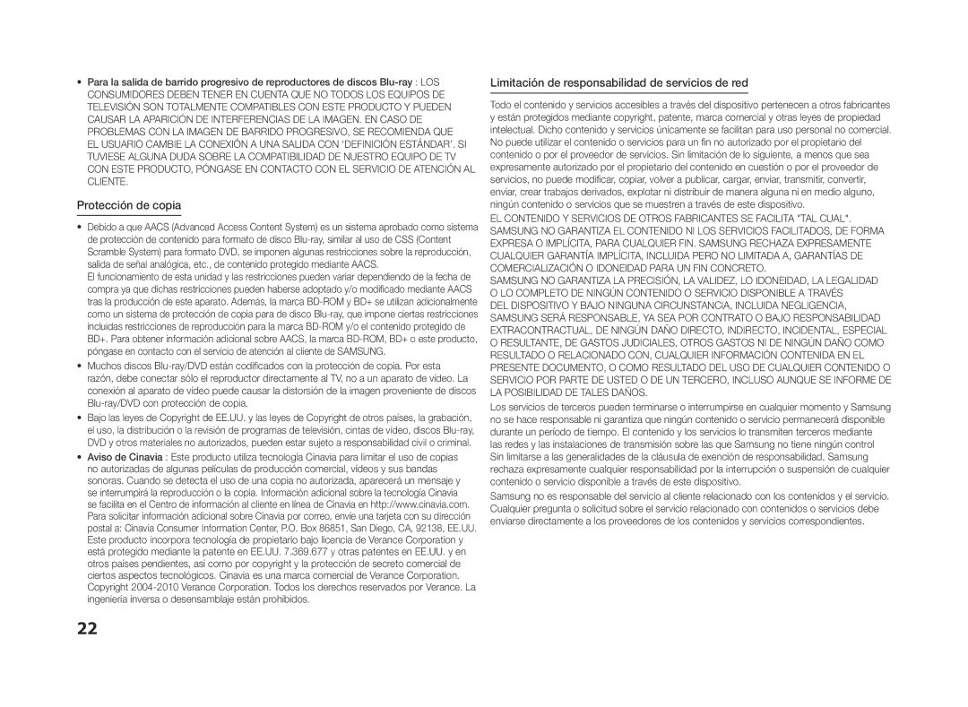 Samsung BD-F5500/EN, BD-F5500E/ZF, BD-F5500/ZF manual Protección de copia, Limitación de responsabilidad de servicios de red 