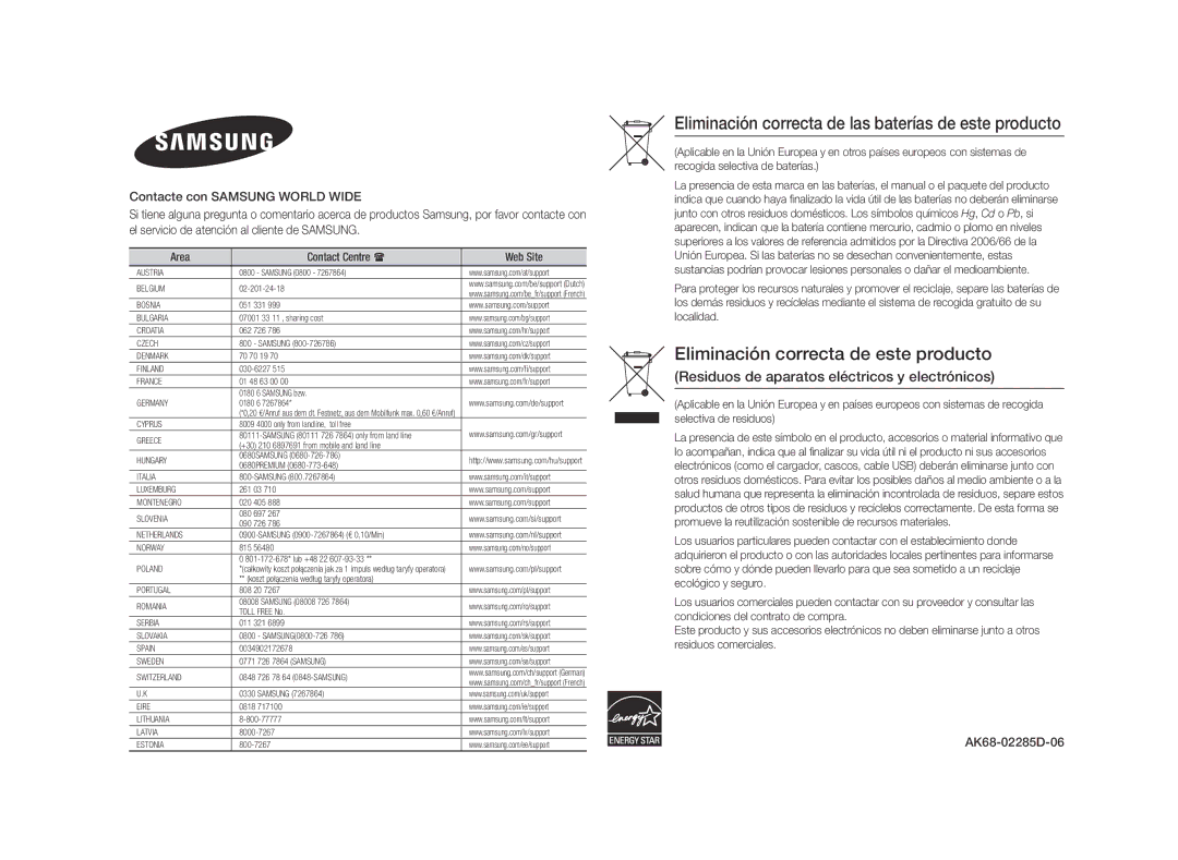 Samsung BD-F5500/EN, BD-F5500E/ZF, BD-F5500/ZF manual Eliminación correcta de las baterías de este producto 