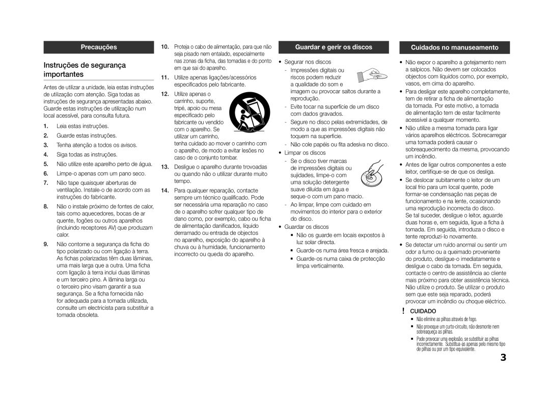 Samsung BD-F5500/EN Instruções de segurança importantes, Precauções, Guardar e gerir os discos, Cuidados no manuseamento 