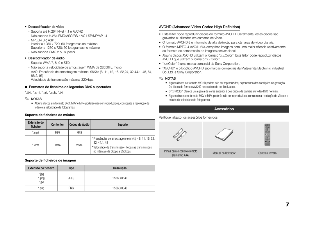 Samsung BD-F5500E/ZF Acessórios, „„ Formatos de ficheiros de legendas DivX suportados, Suporte de ficheiros de música 