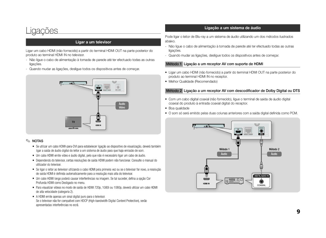 Samsung BD-F5500/EN, BD-F5500E/ZF, BD-F5500/ZF manual Ligações, Ligar a um televisor, Ligação a um sistema de áudio 