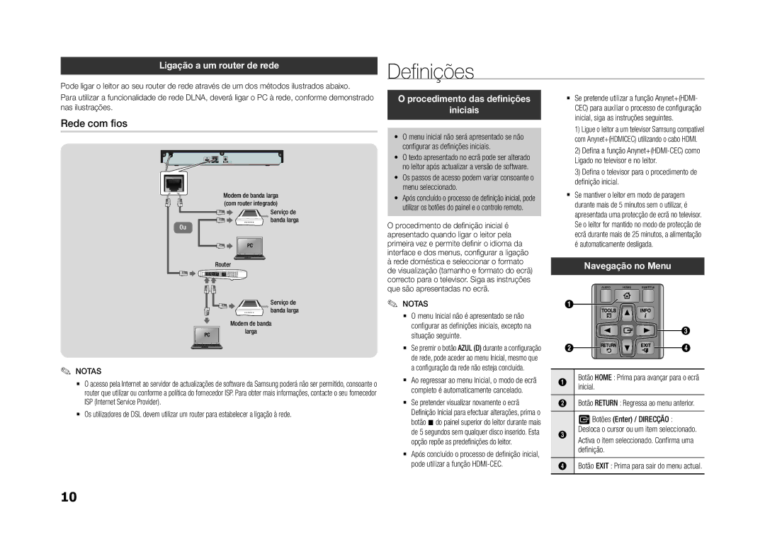 Samsung BD-F5500E/ZF manual Definições, Rede com fios, Ligação a um router de rede, Procedimento das definições Iniciais 