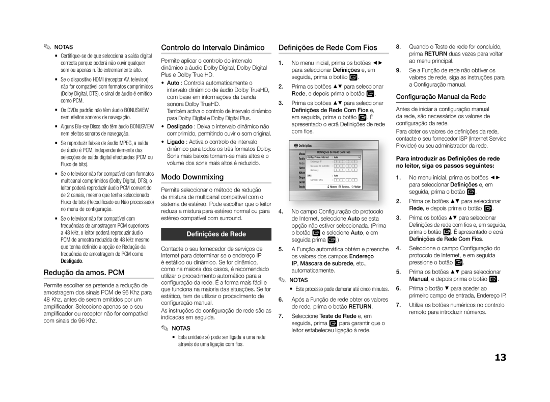 Samsung BD-F5500E/ZF, BD-F5500/EN manual Redução da amos. PCM, Controlo do Intervalo Dinâmico, Definições de Rede Com Fios 