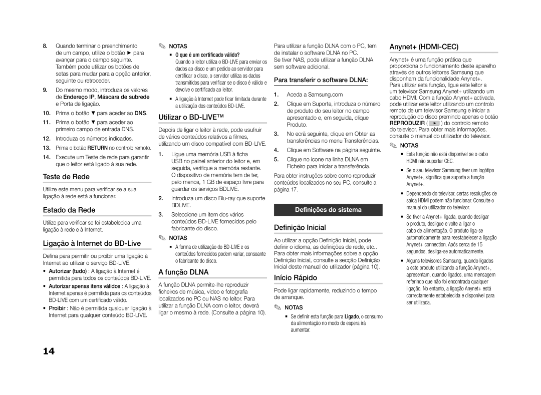 Samsung BD-F5500/ZF manual Teste de Rede, Estado da Rede, Ligação à Internet do BD-Live, Utilizar o BD-LIVE, Função Dlna 